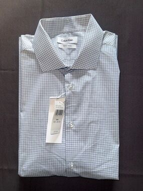 Calvin Klein Men’s Blue and White Mini Check Dress Shirt